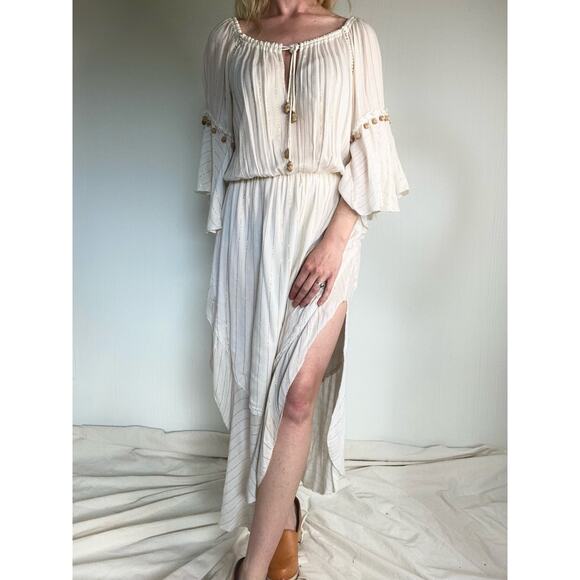 SAYLOR Grecian Goddess Ivory Gauze Off Shoulder Bell Sleeve Maxi Dress US SMALL - Picture 6 of 16